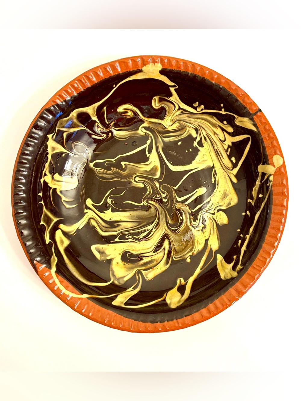 Vintage MINT 1996 Williamsburg Pottery 10.5” Redware Pie Plate Marbled Slipware
